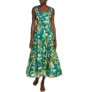 OPT Xela Linen Blend Maxi Dress Floral Square Neck Sleeveless Cottagecore Green